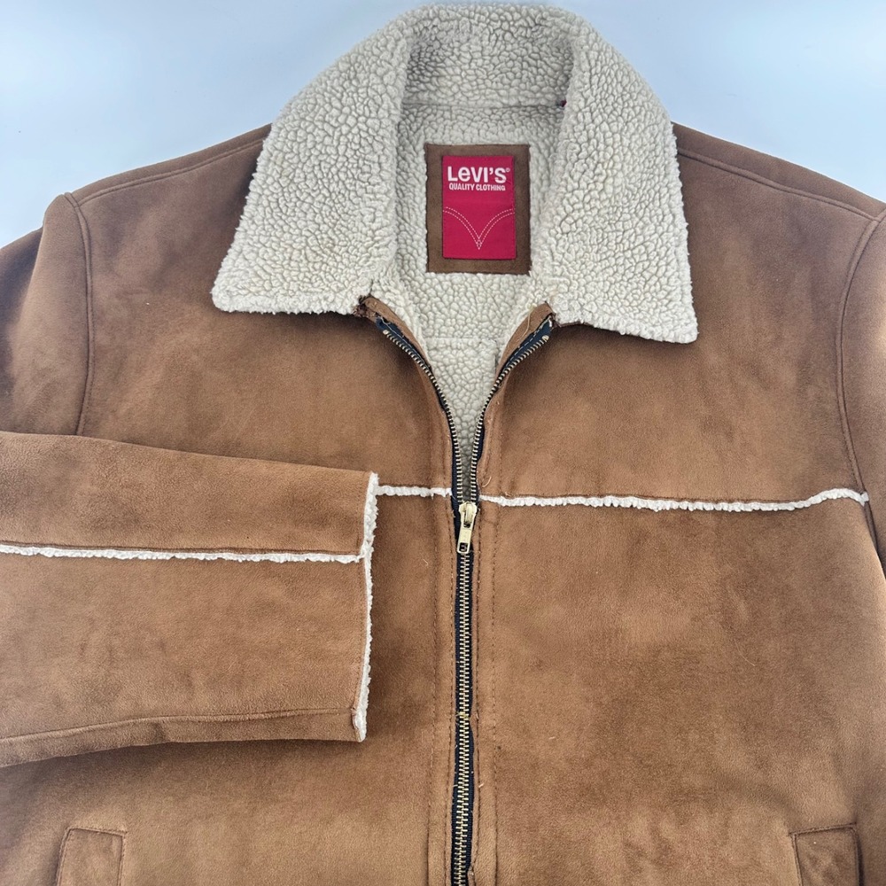 Levis Faux Suede Sherpa Lined Trucker Jacket Brown Polyester Large